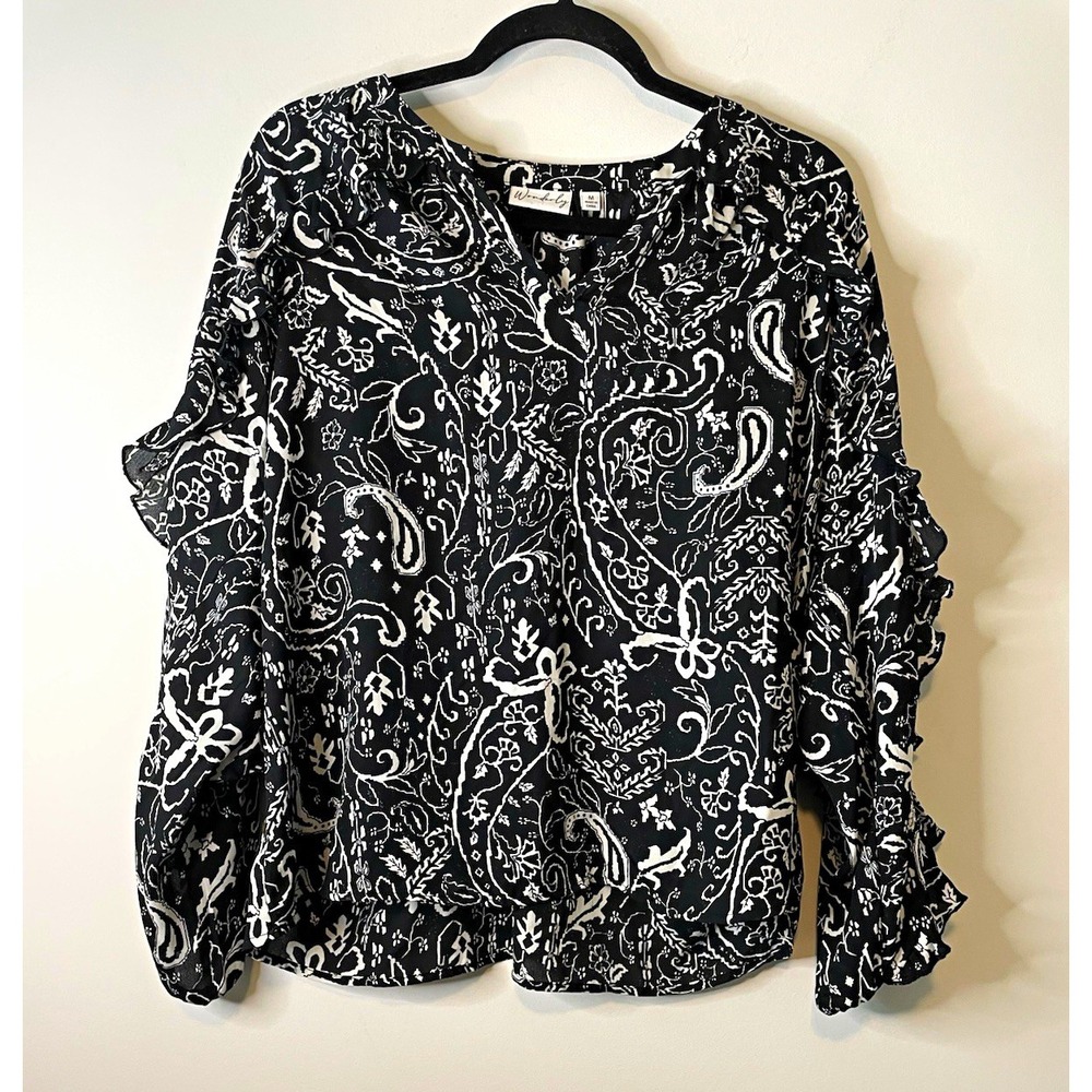Wonderly Blouse Women's M Black White Paisley Ruffle Sleeve Boho Top